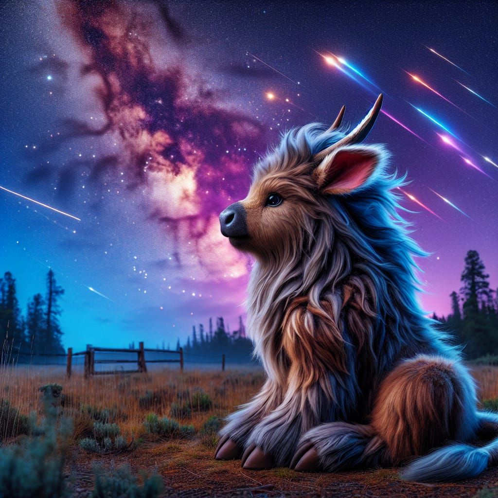 Hyperrealistic Hybrid Creature Gazing at Shooting Stars
