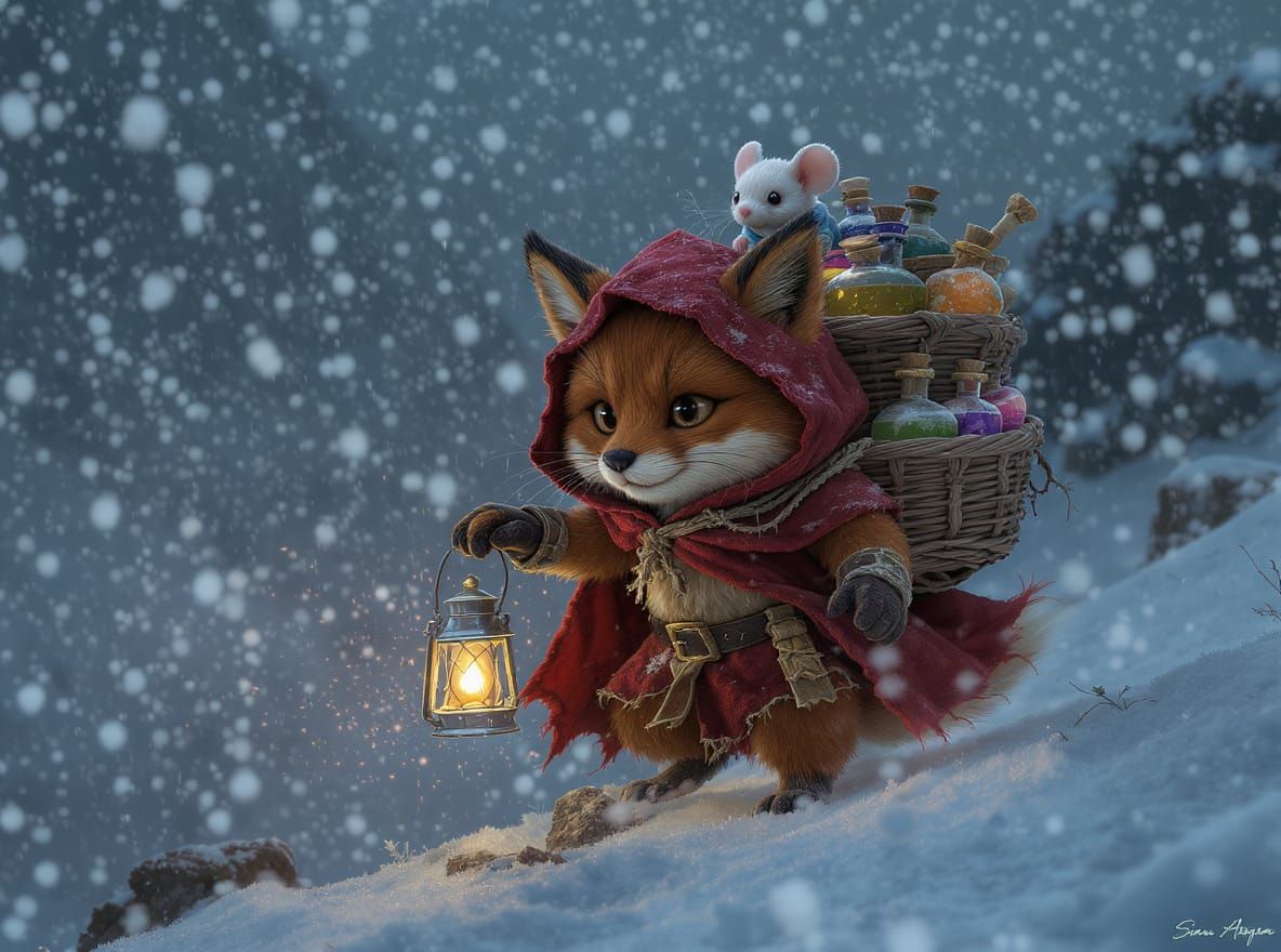 Fox Hikes Snowy Mountain with Mouse, Photorealistic Style
