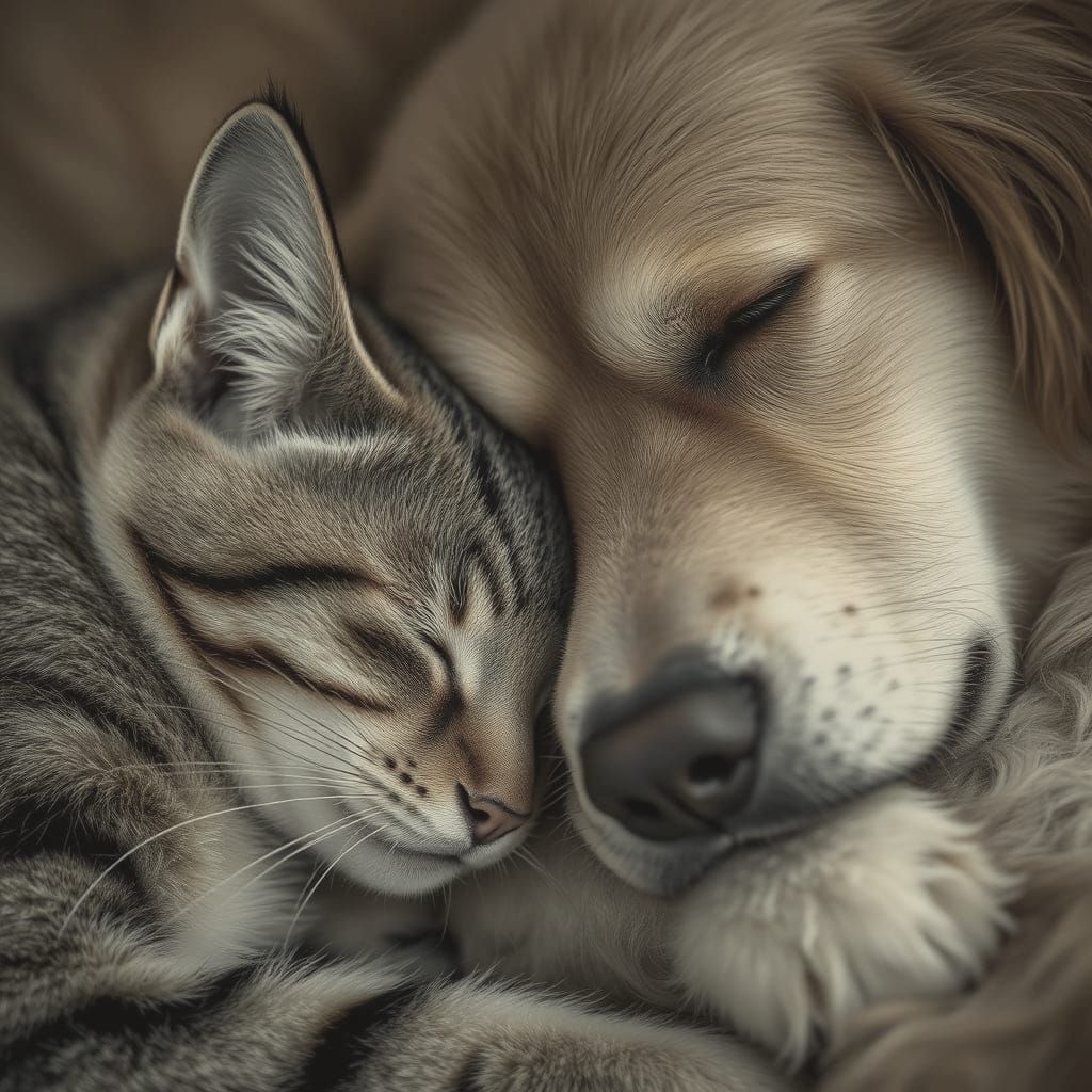 Tabby Cat Napping With Dog: Photorealistic Image