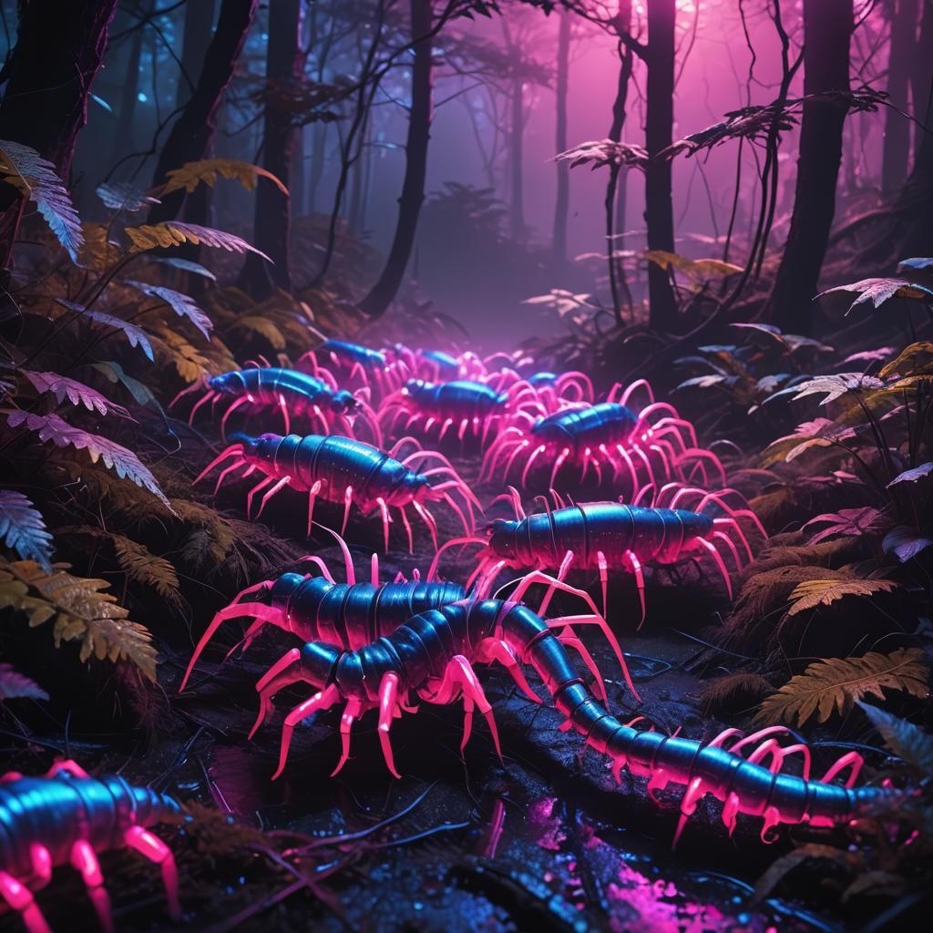 Neon Centipedes Crawling in Misty Synthwave Forest