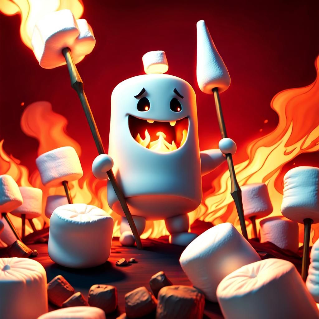 Marshmallow Giant Over Fiery Battlefield, in 3D Style