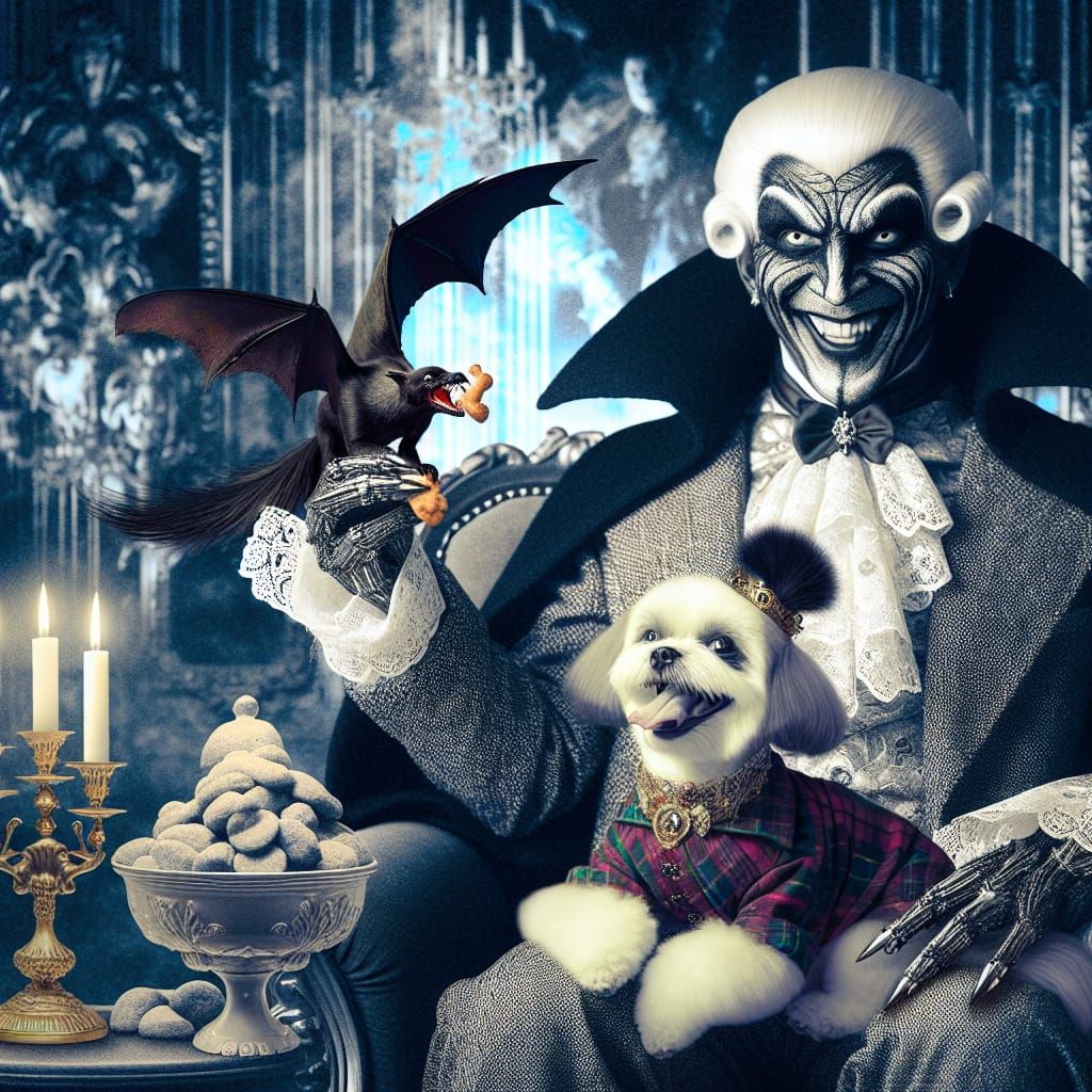 Whimsical Scene: Pampered Lapdog and Sinister Villain