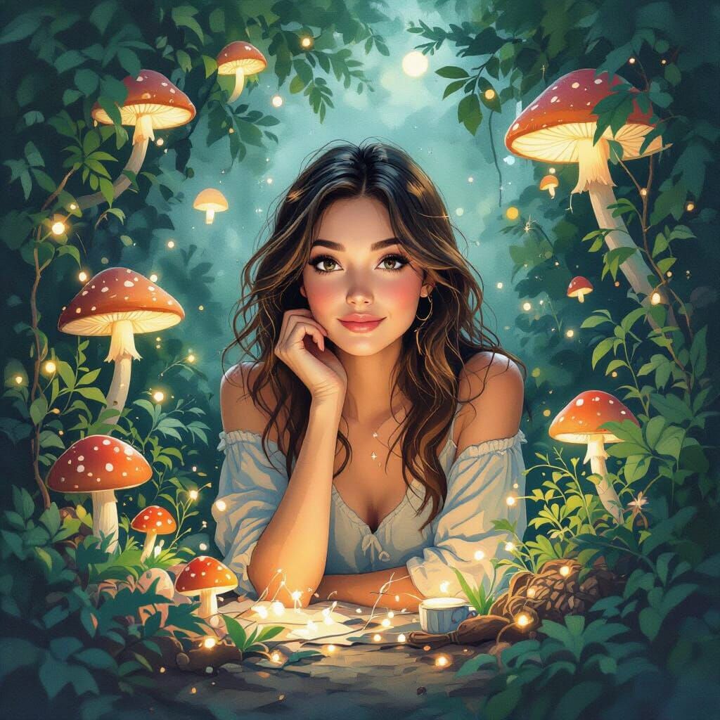 Dreamy Woman in Whimsical Forest with Bokeh Lights