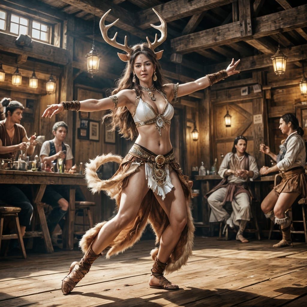 Toriyama-Style Female Dancer with Antlers in Tavern