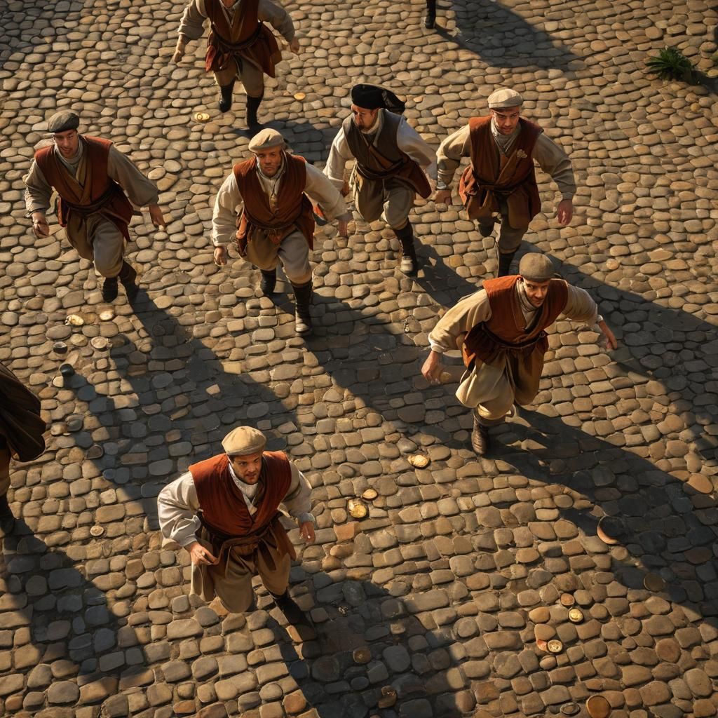 Renaissance Men Chase Coins in Hyperrealistic Art