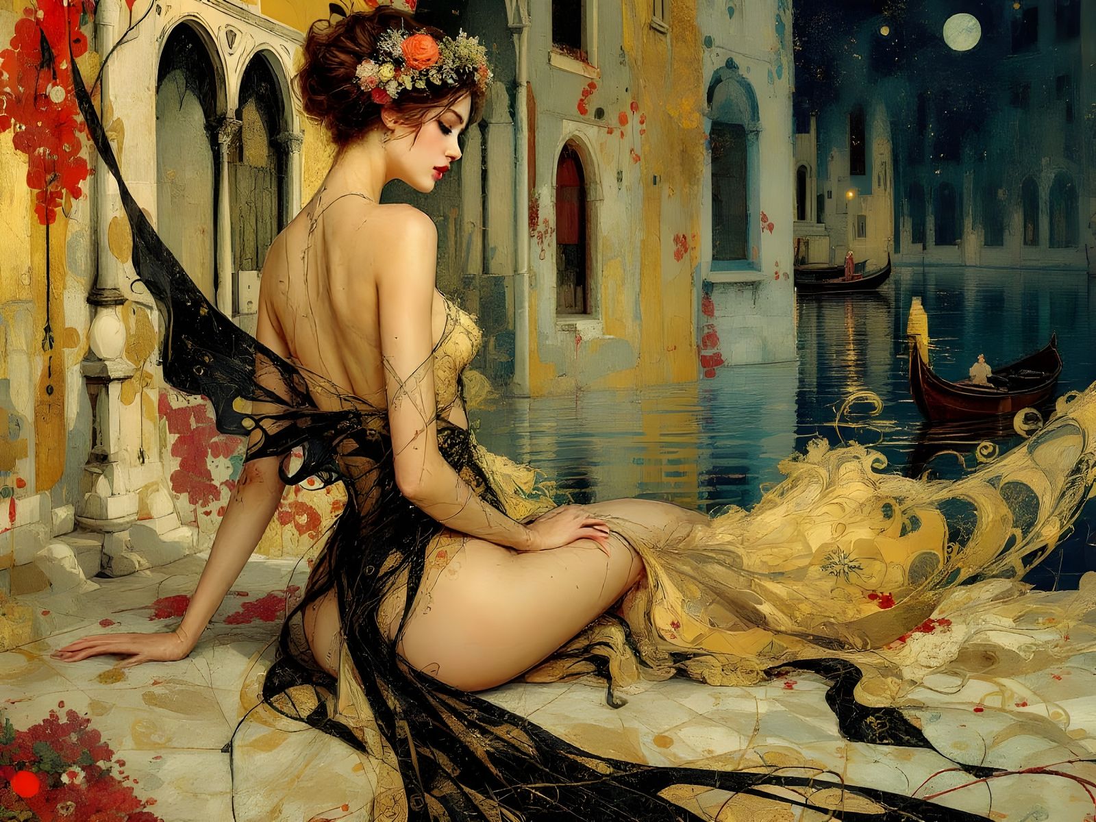 Elegant Woman in Dreamlike Venice Canal Scene
