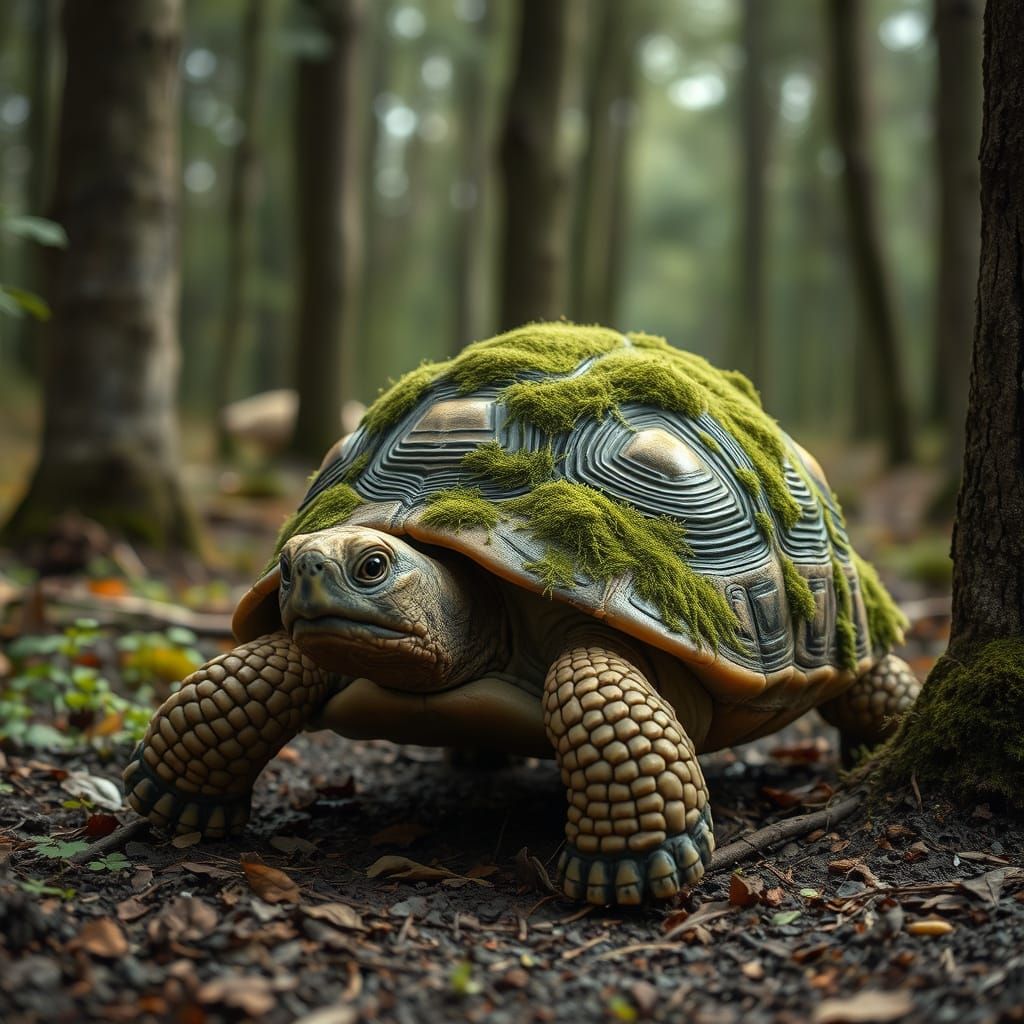 Mossy Tortoise in Serene Forest, Atmospheric Digital Art