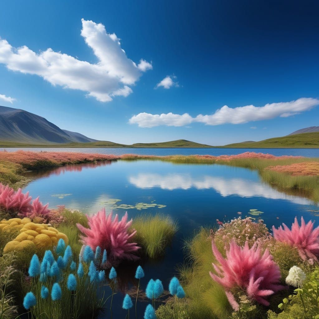 Ethereal Lake Paradise with Alien Flowers in a Vibrant Blue...