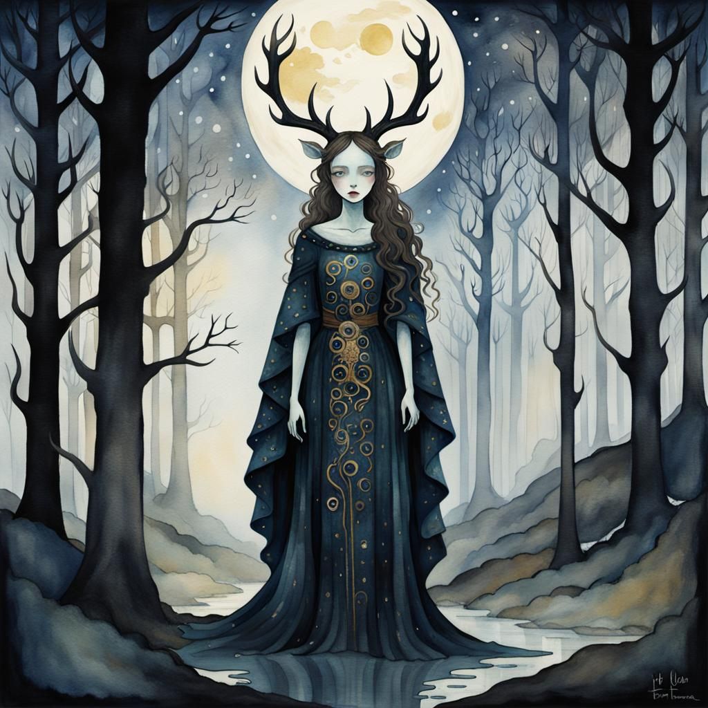 Klimt-Inspired Dark Fantasy Woman in Moonlight