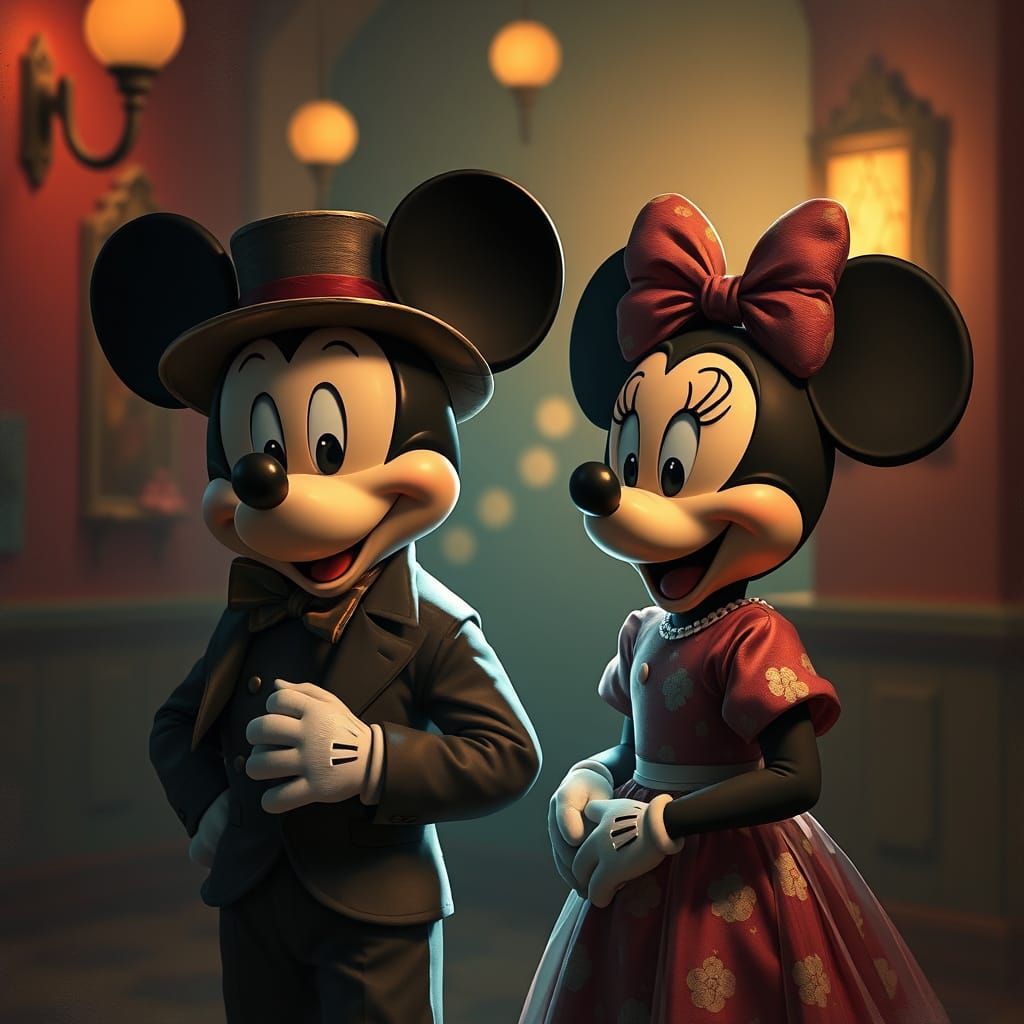 Whimsical Mickey and Minnie in Dreamlike Oil-Painting Style