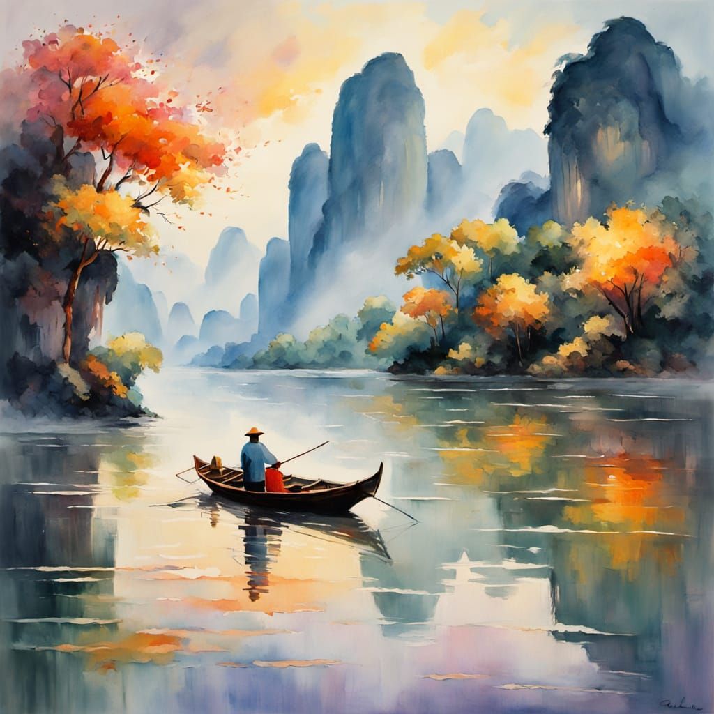Serene Li River Landscape in Neo-Impressionist Style