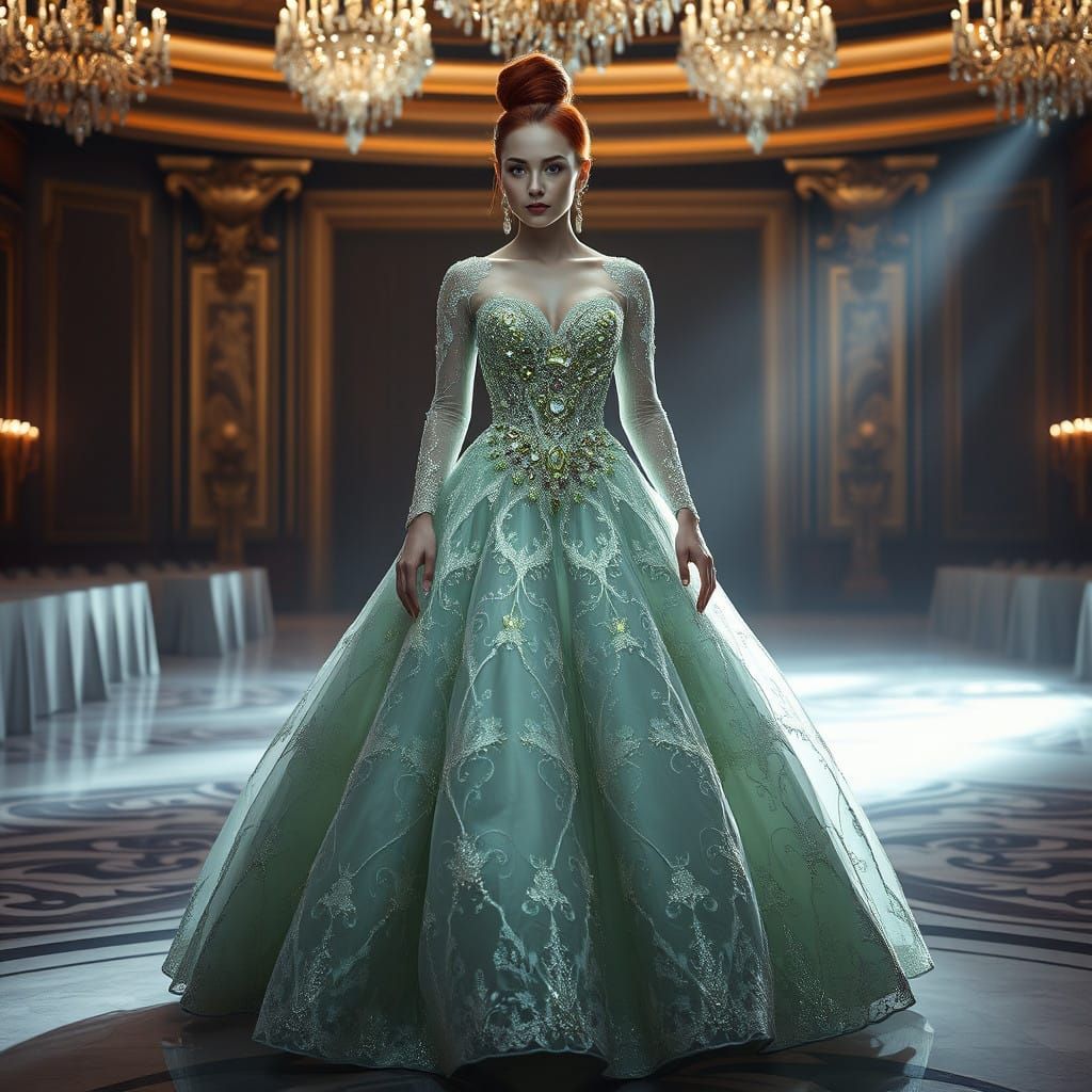 Breathtaking Woman in Crystal Gown in Grand Ballroom