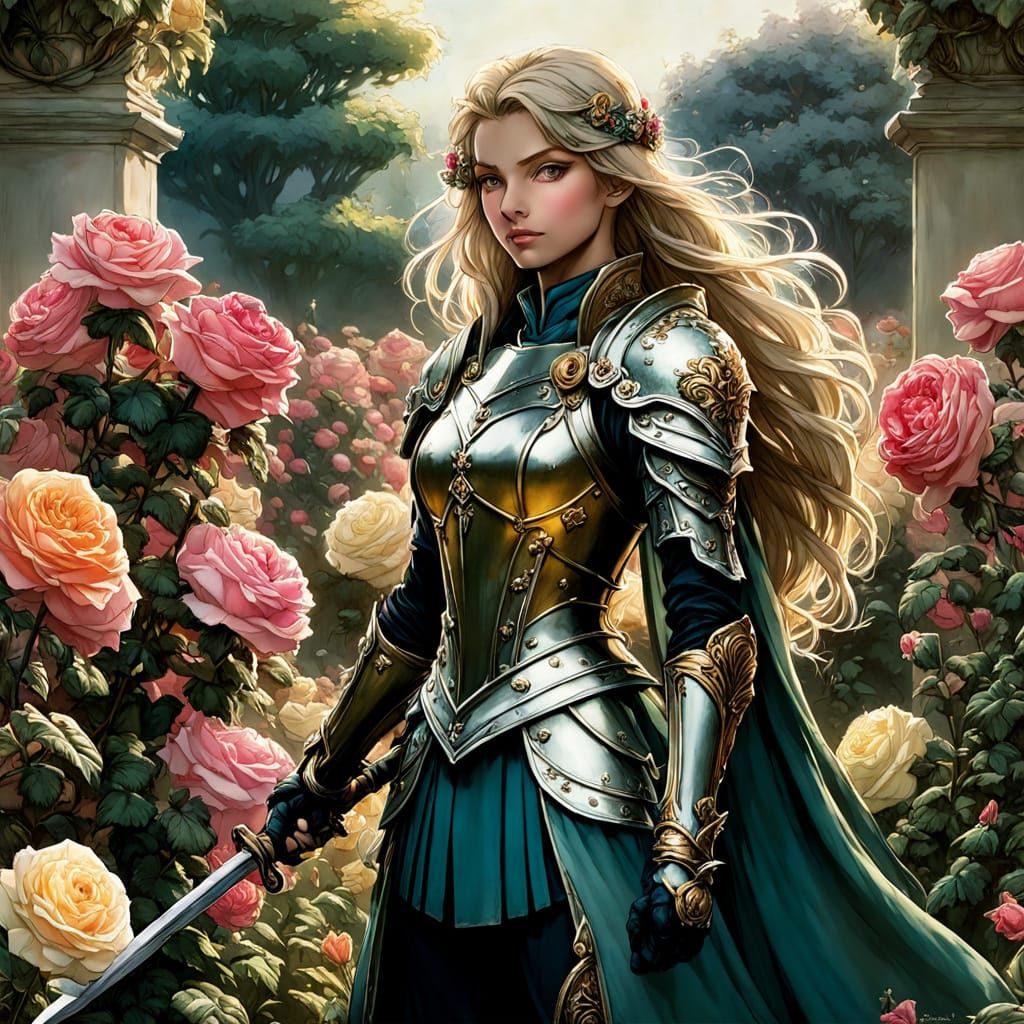 Paladin Among Roses in Arthur Rackham Style