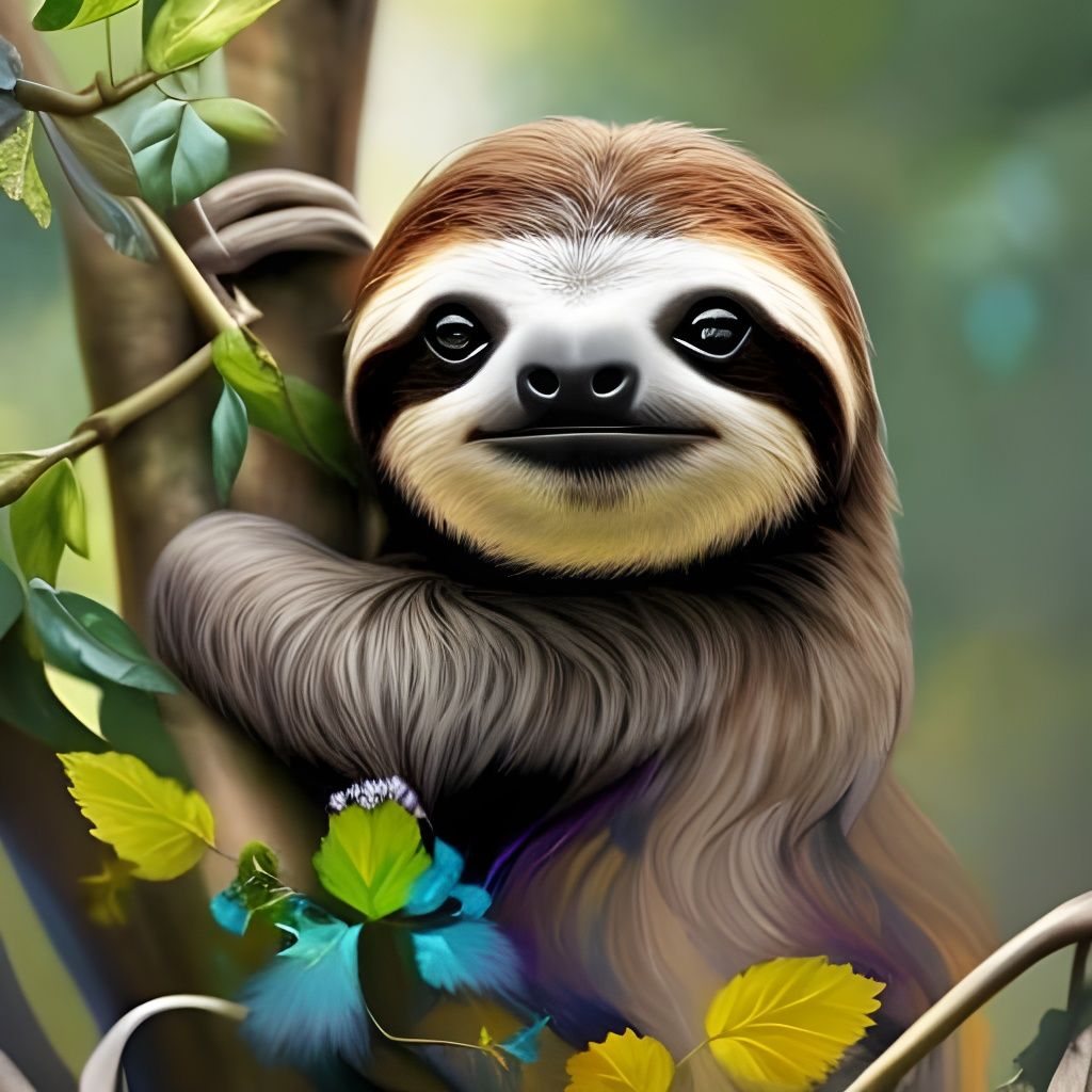 Sloth in Flowering Vines: Polychromatic Splash Art