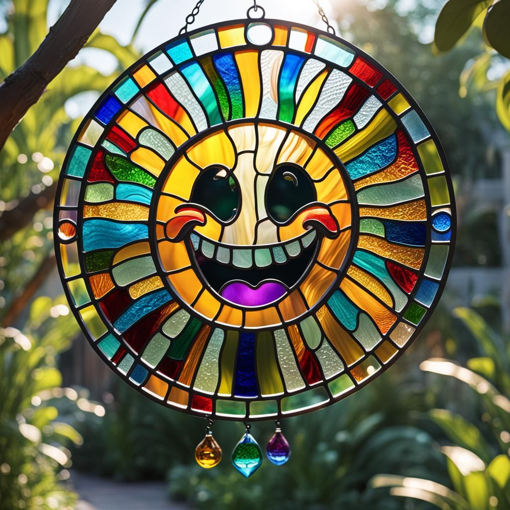 Stained glass sun catcher in a smiley face emoji Hyperrealis...