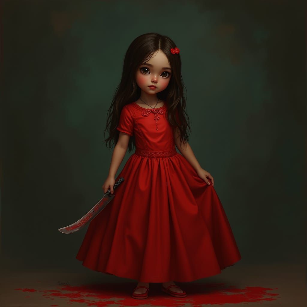 Girl in Red Dress with Knife: Digital Art