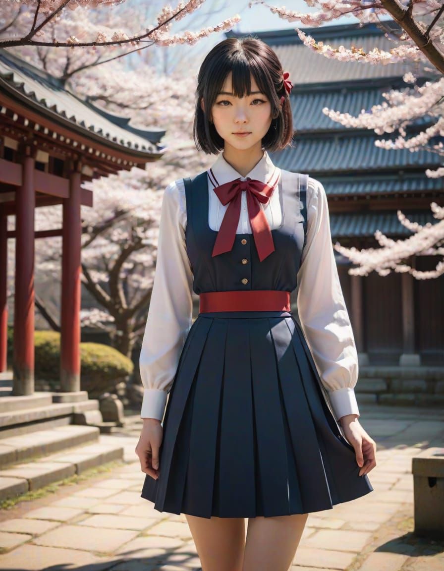 Kaori in Shrine Courtyard Amidst Cherry Blossoms