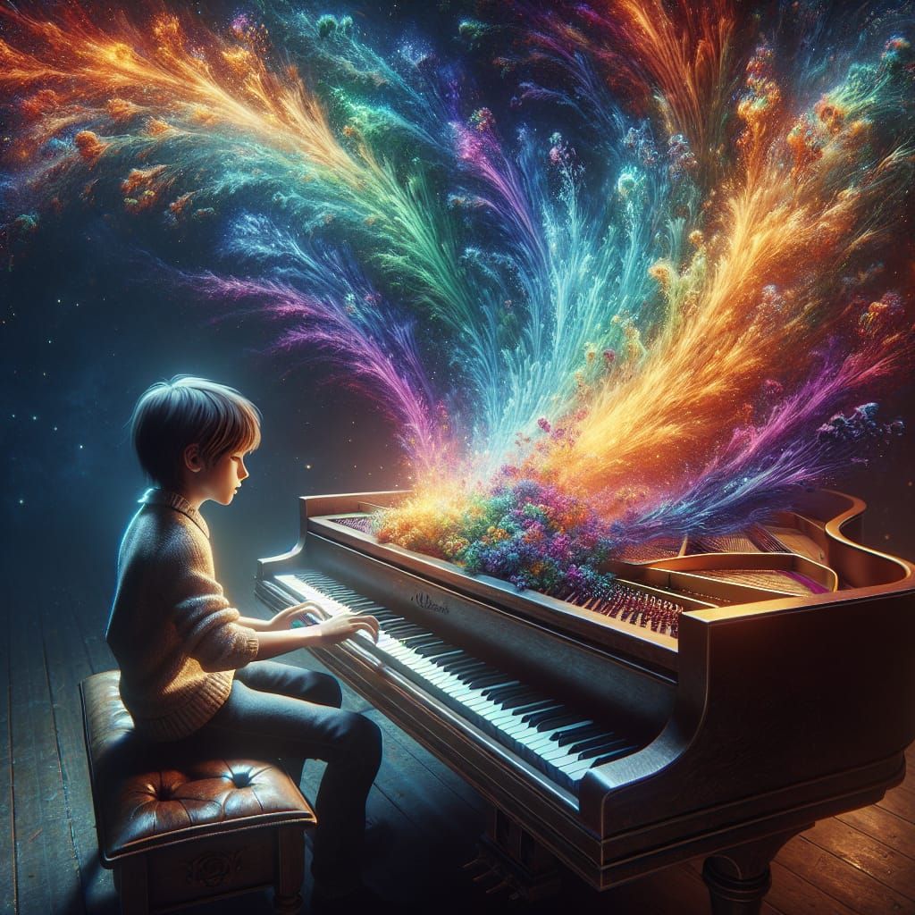 Rainbow Piano Performance in Detailed Matte Painting