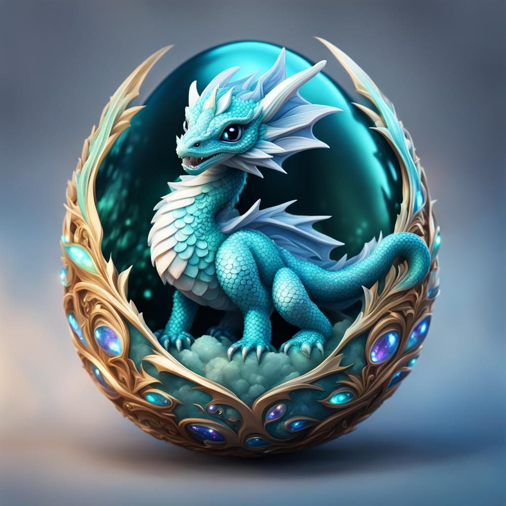 Aquamarine Dragon Egg with Chibi Hatchling: Fairycore Art