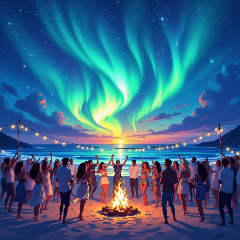 Beach Party Under Aurora Borealis Sky