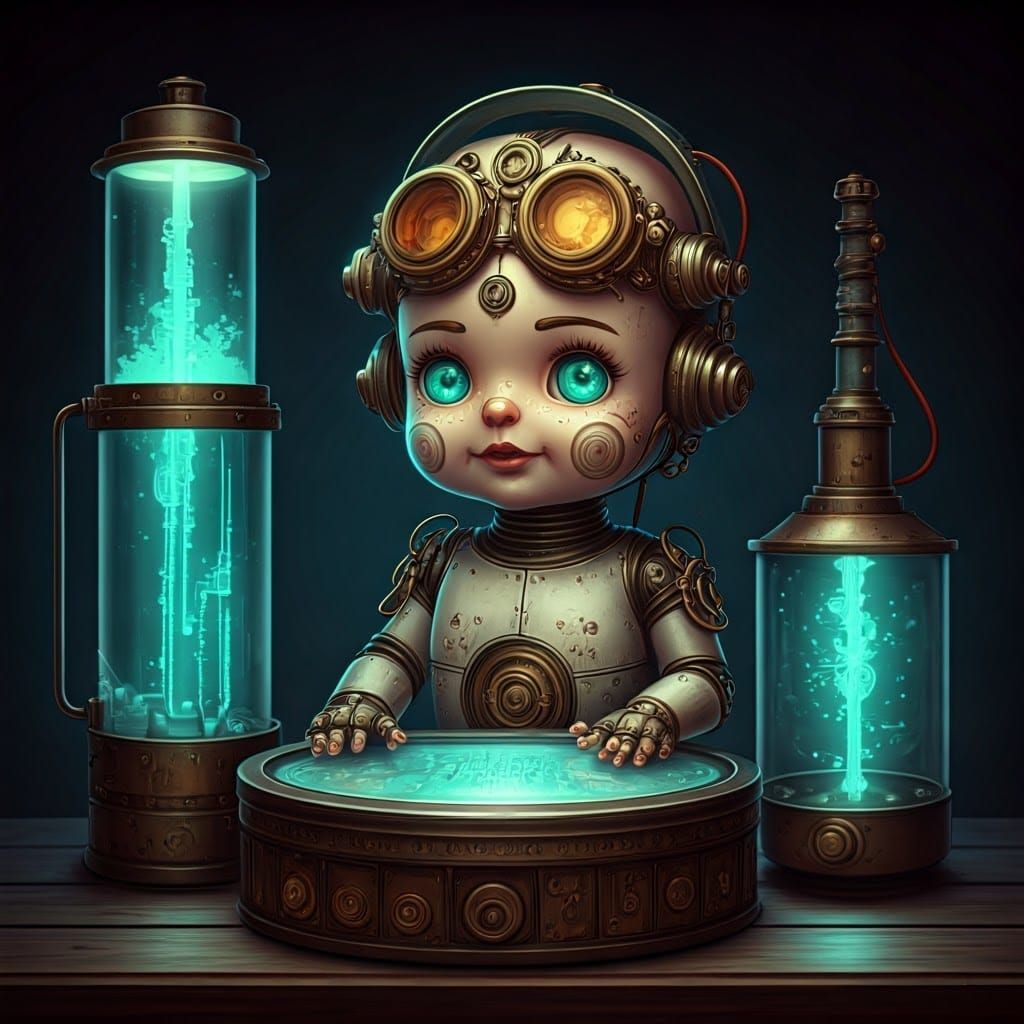 Steampunk Biometric Baby Imagineer in Lab