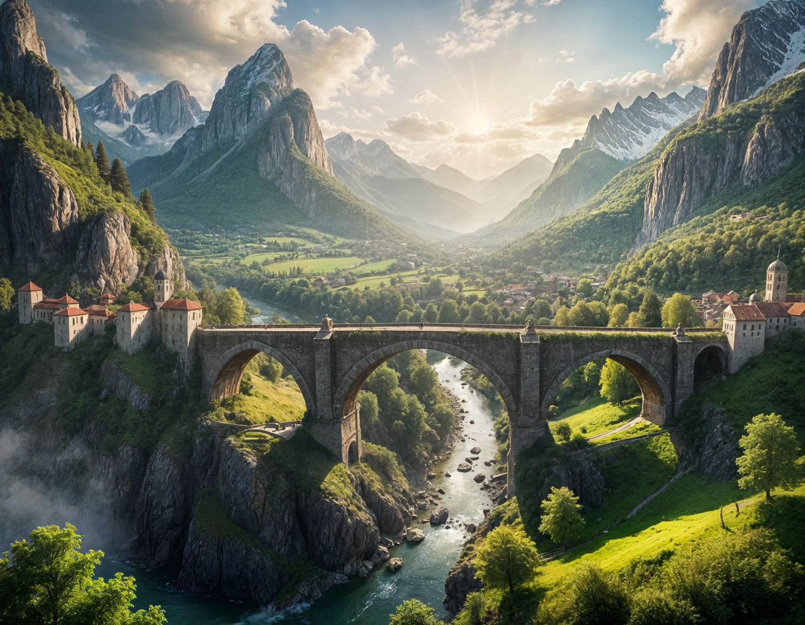 Mountain Bridge Connecting Monastery and Village in Serene L...