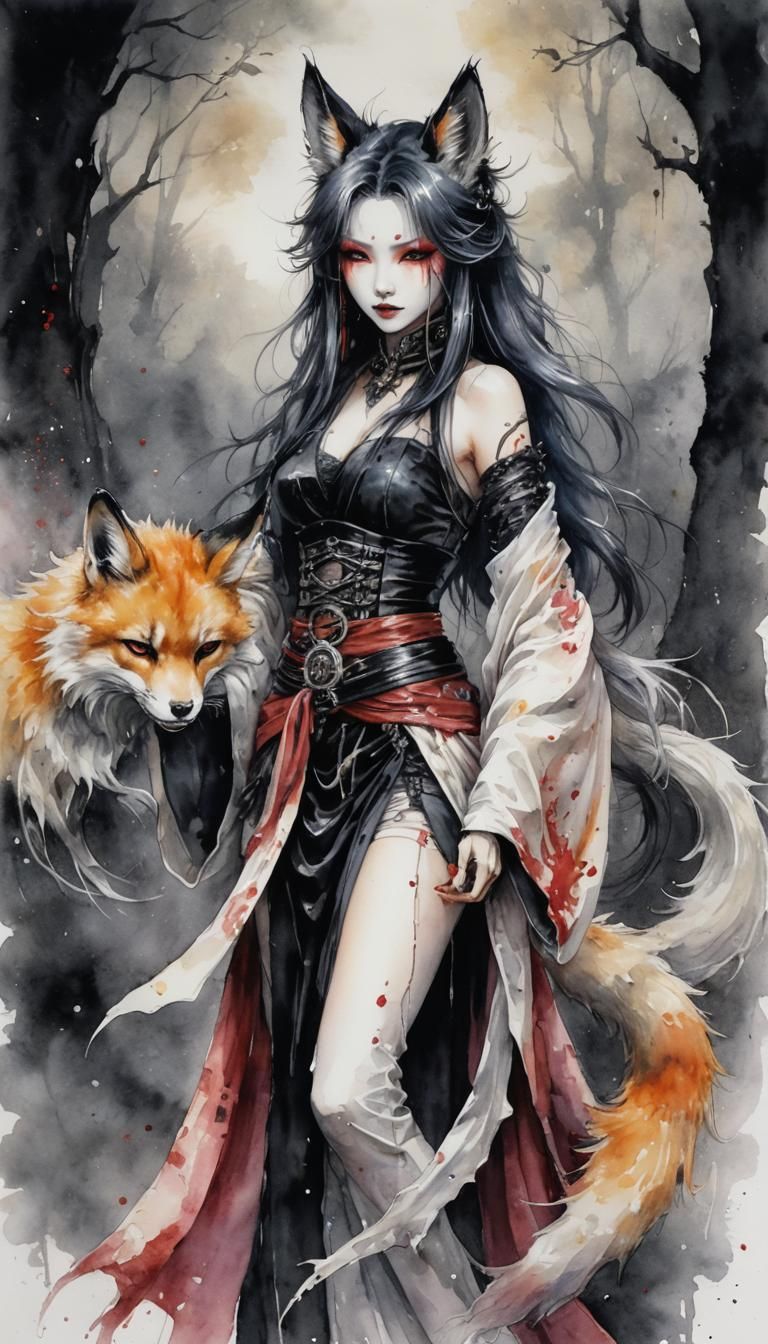 Gothic Anthropomorphic Kitsune in Watercolor Style