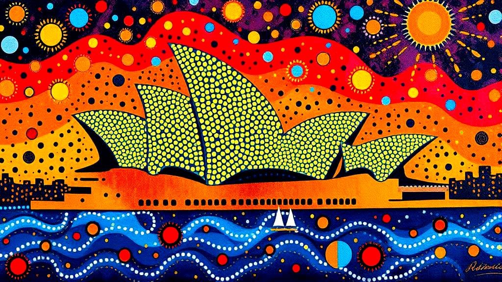 Surreal Aboriginal Dot Painting of Sydney Opera House