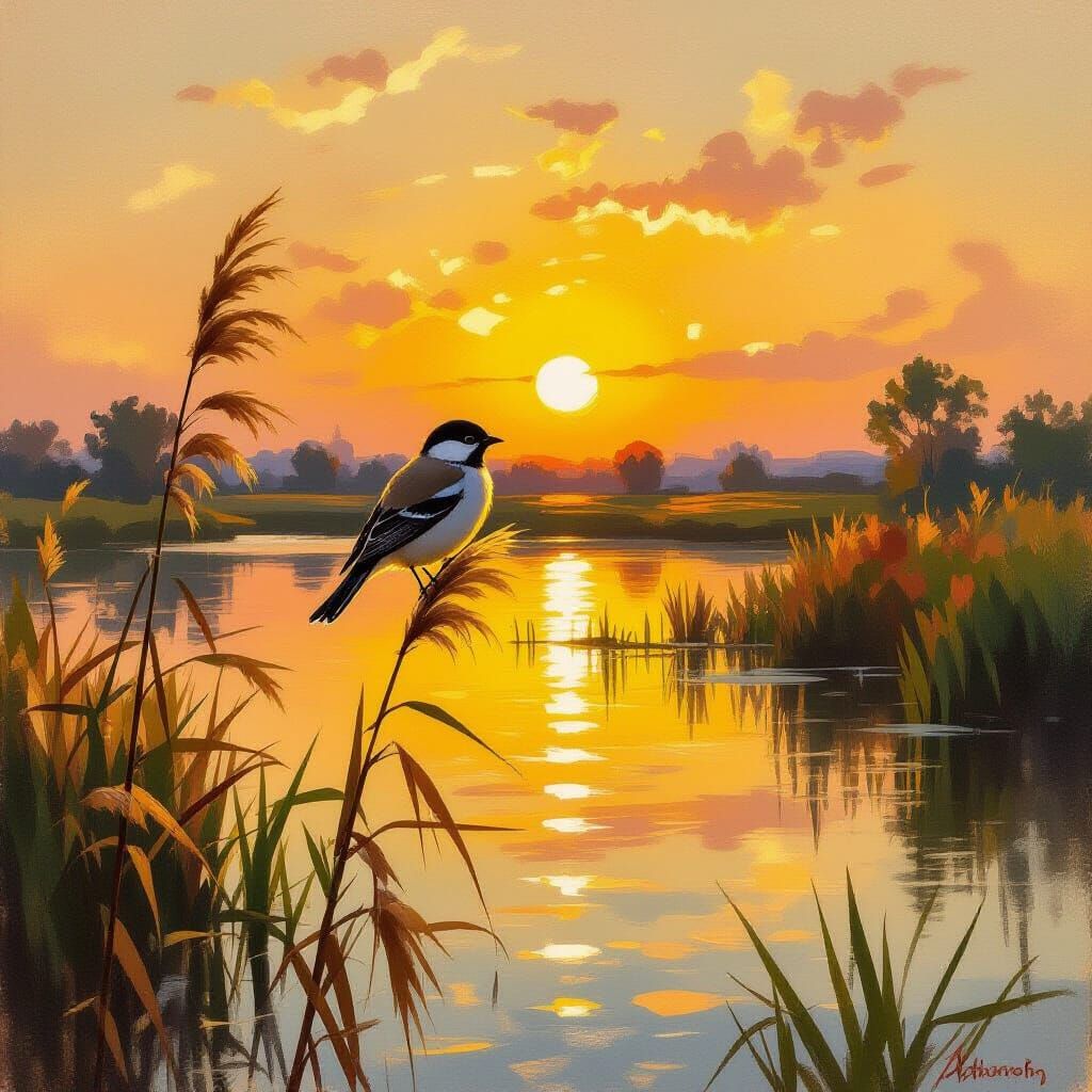 Bird on Reed at Sunset in Impressionistic Style
