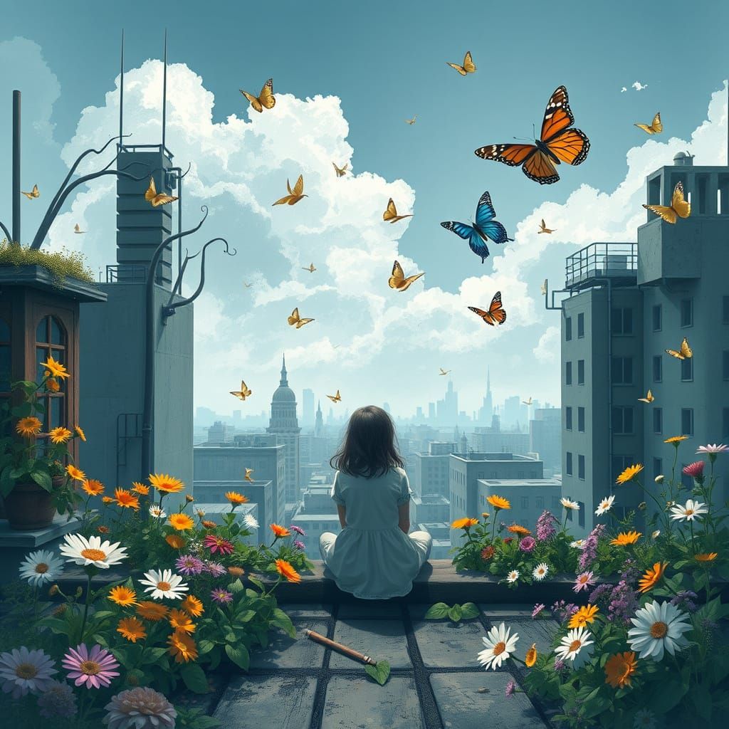 Girl Surrounded by Blooming Beauty in a Post-Apocalyptic Met...