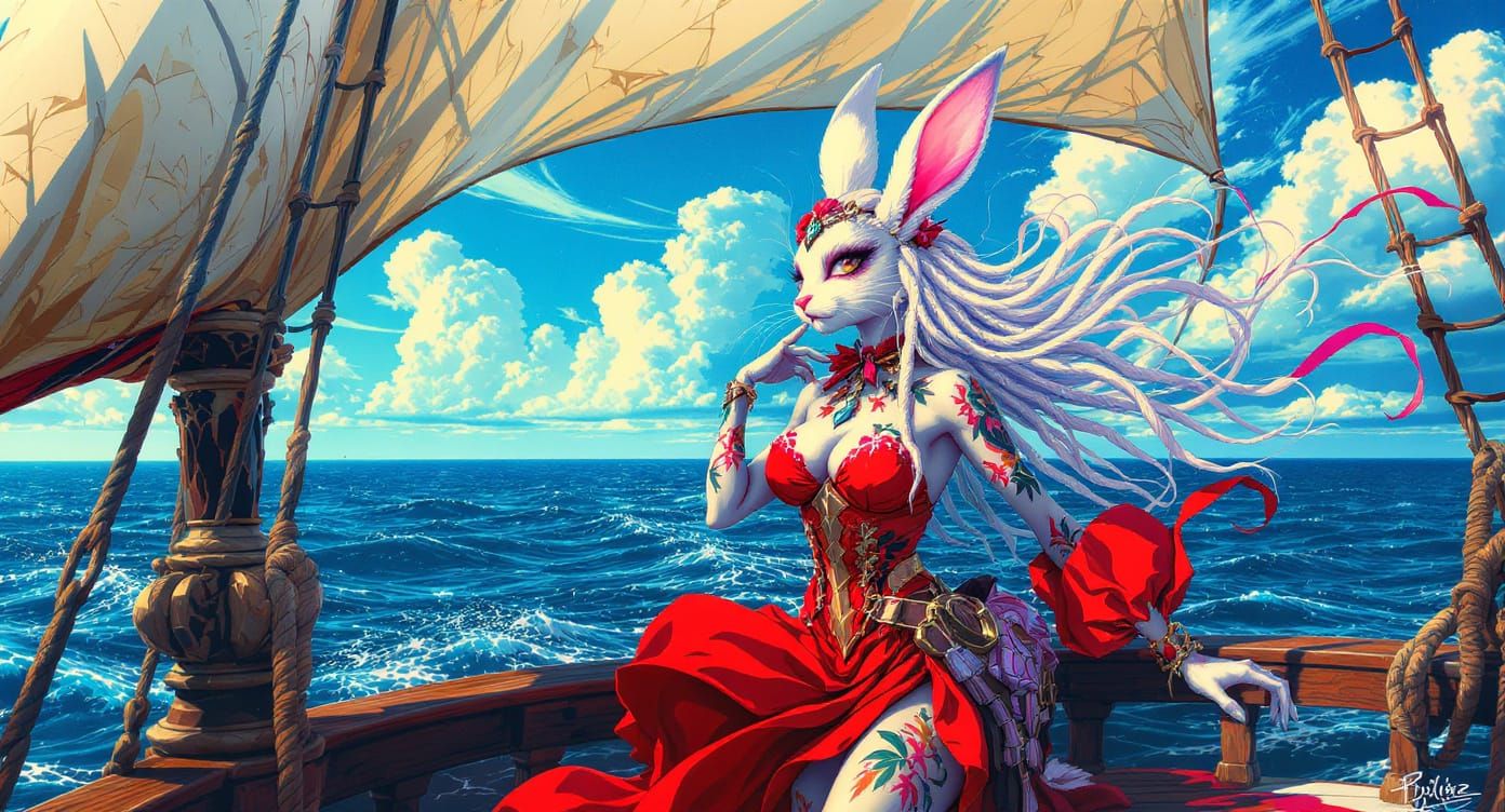 Albino Rabbit Pirate in Red Dress with Tattoos
