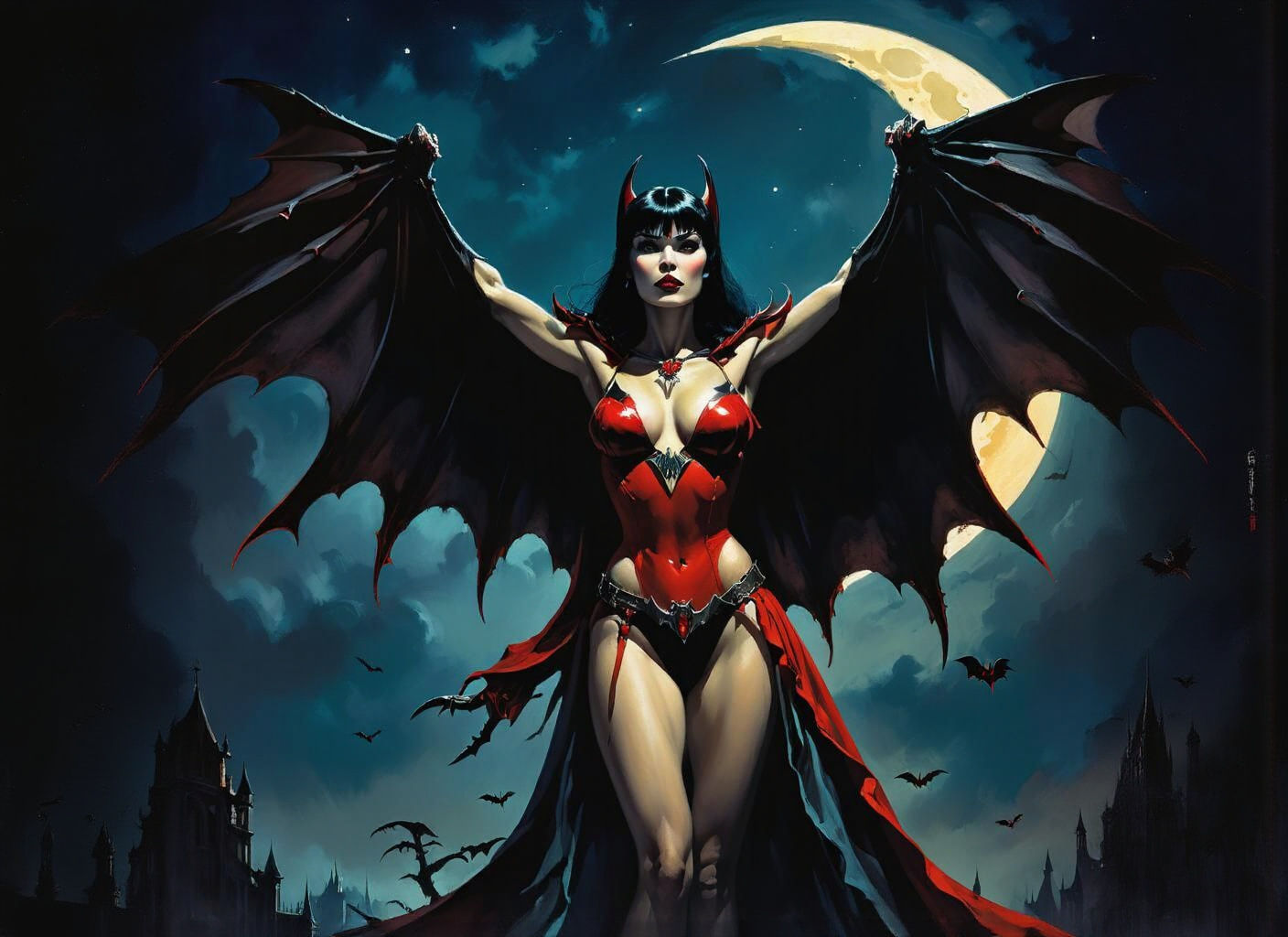 Vampirella with Bat Wings in Watercolor Style