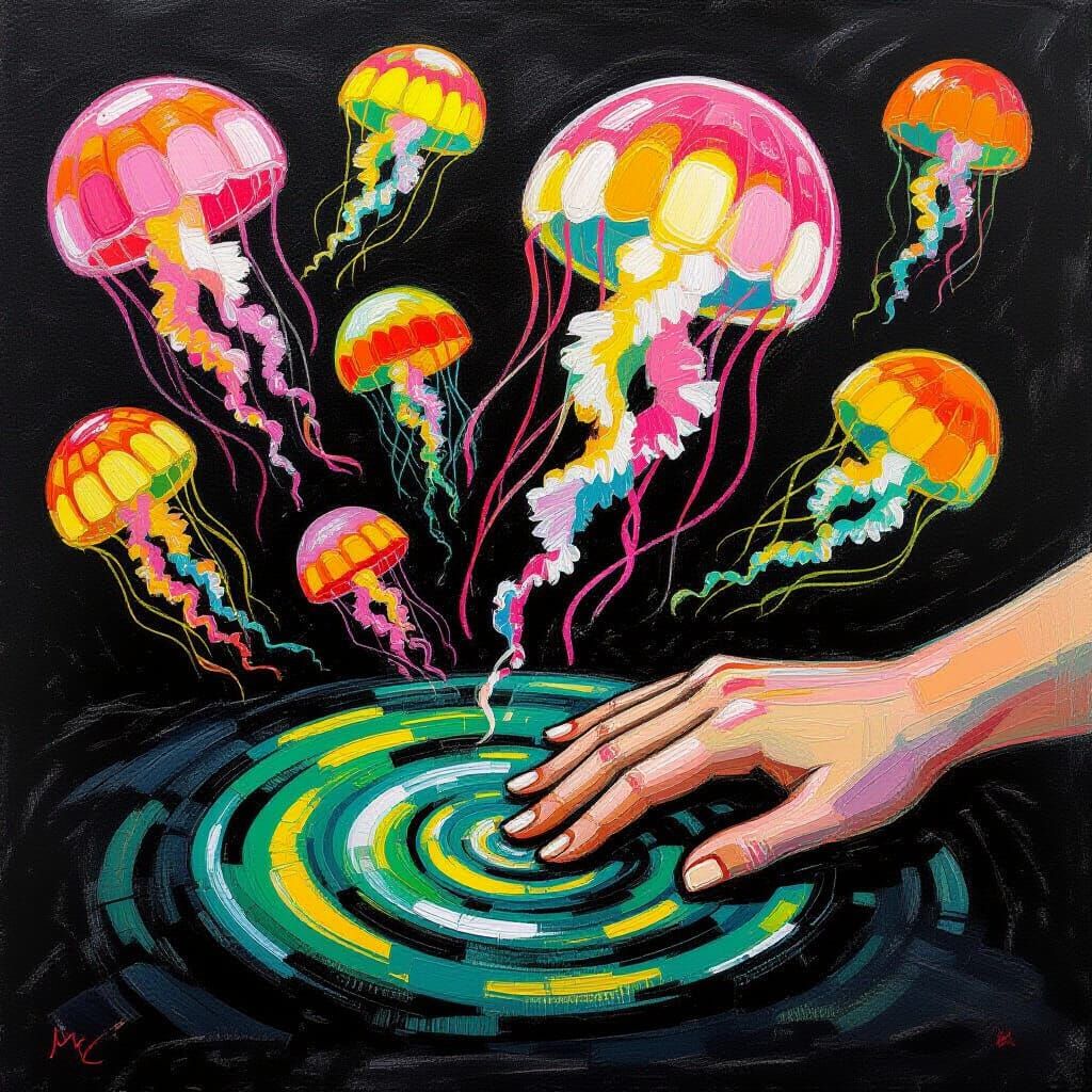 Electric Jellyfish Float in Neo-Impressionist Chalk Drawing