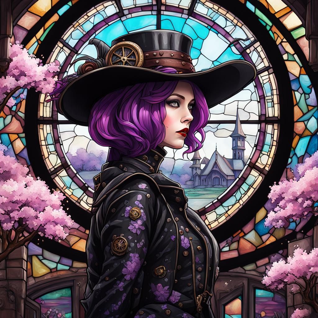 Steampunk Woman with Cherry Blossom Stained Glass
