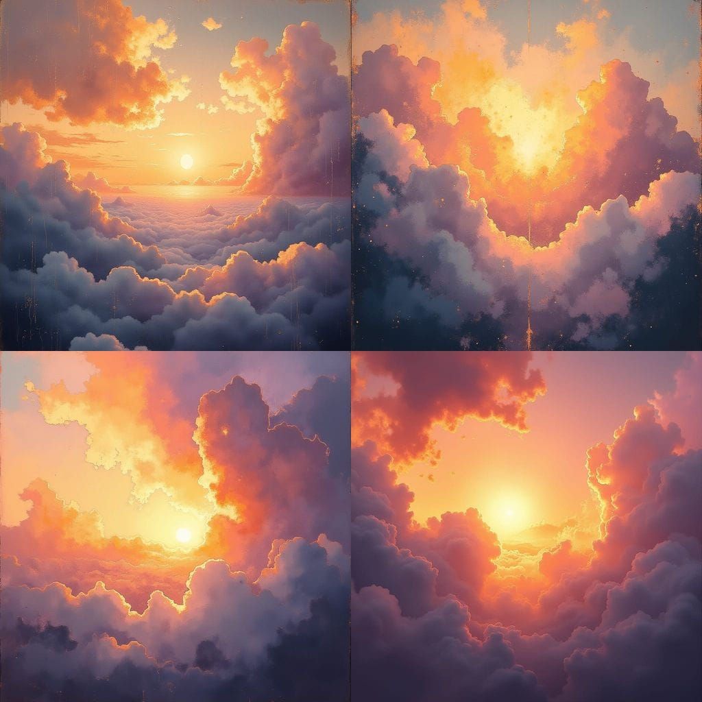 Vibrant Sunset Over Cotton Clouds in Dreamy Painterly Style