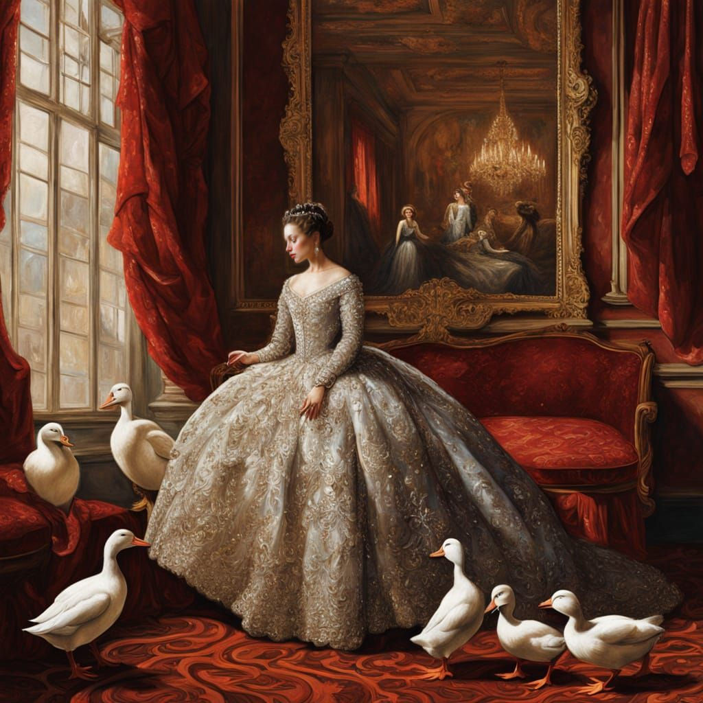 Ducks in Lavish Baroque Gowns Shine in Golden Light