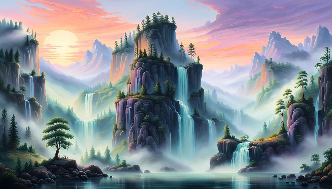 Floating Mountains with Waterfalls at Sunset