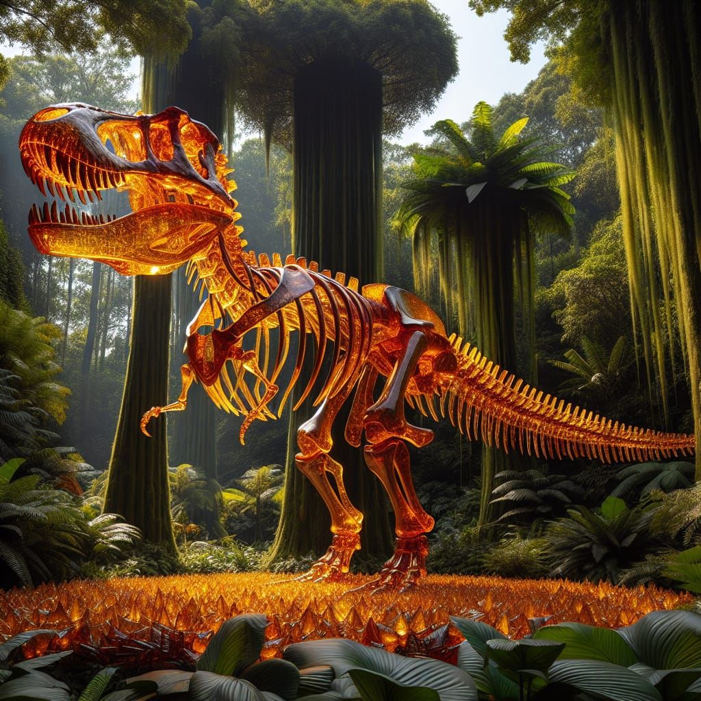 Amber Tyrannosaurus Rex Skeleton in Prehistoric Setting
