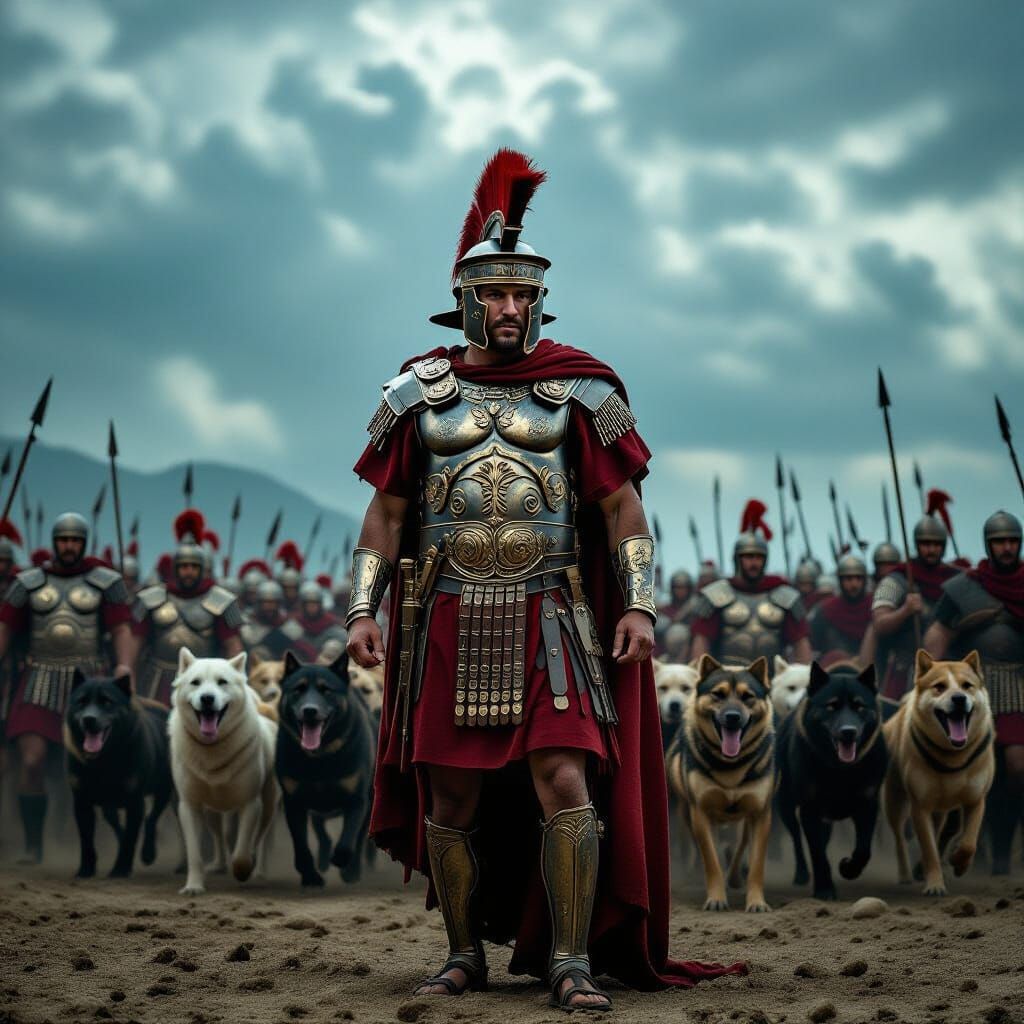 Roman General Commands War Dogs Amidst Stormy Battlefield