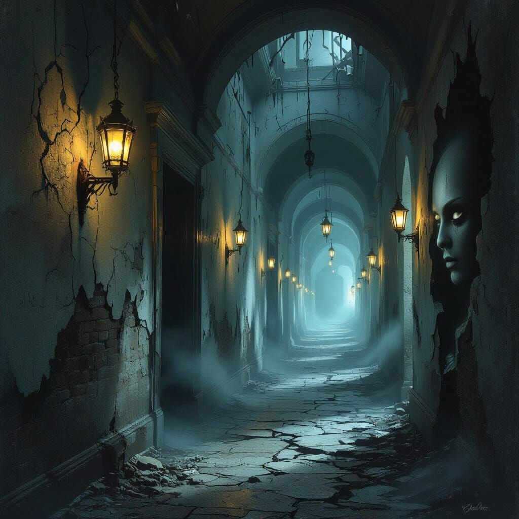 Eerie Hallway with Faces in Walls, Dark Art