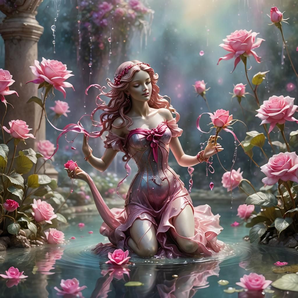 Ethereal Rose Sculpture Reflected in Water, Soft Watercolor ...