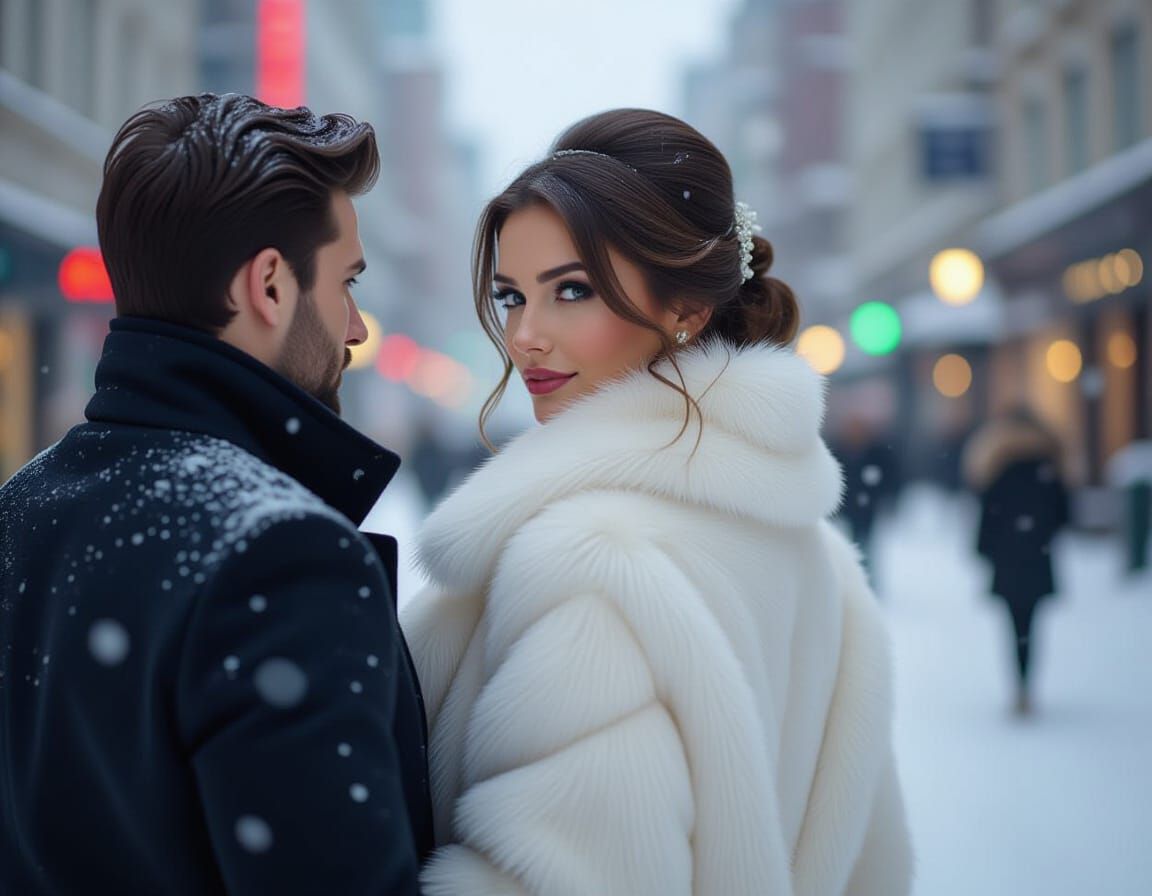 Elegant Woman in Fur Coat in Snowy City