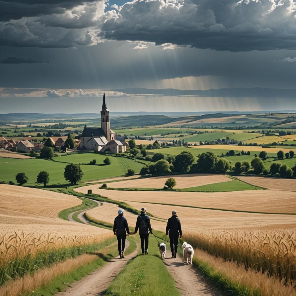 Riverside Walk Through Wheat Fields Under Stormy Sky