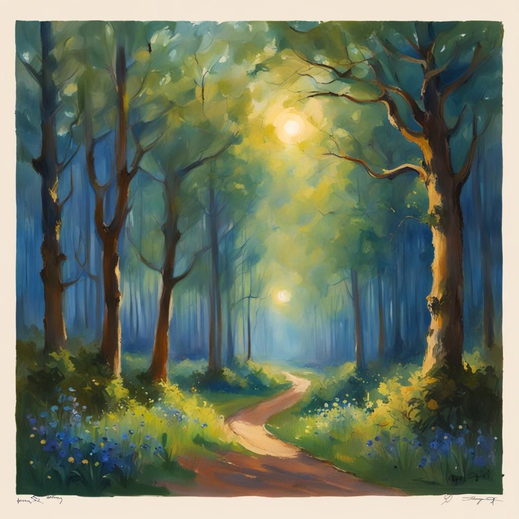 Enchanted Brocéliande Forest Drawing in Impressionistic Styl...