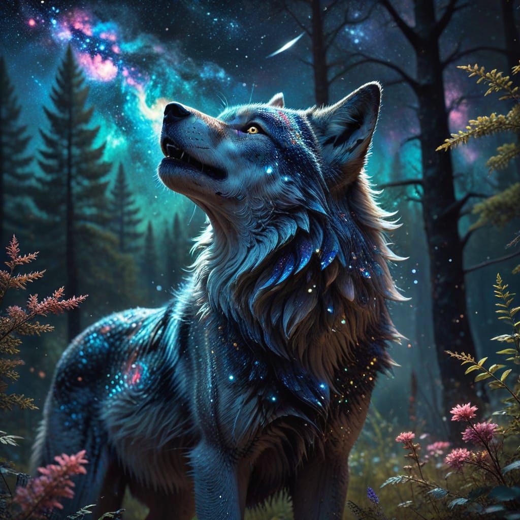 Stardust Wolf Howling at Cosmic Nebulae Sky