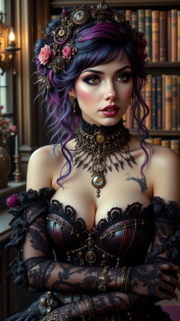 Steampunk Woman in Victorian Library