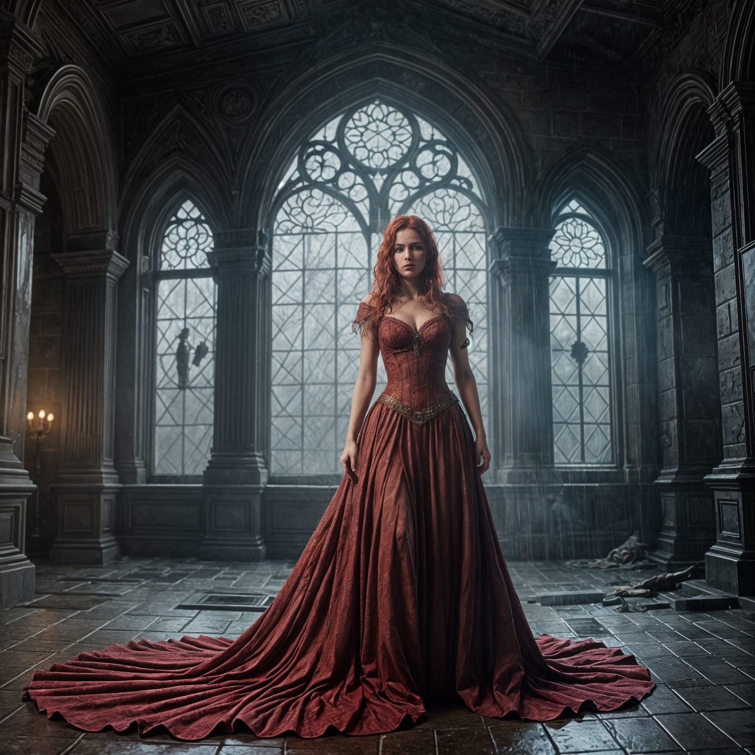 Fiery Red Goddess in Dark Castle Downpour