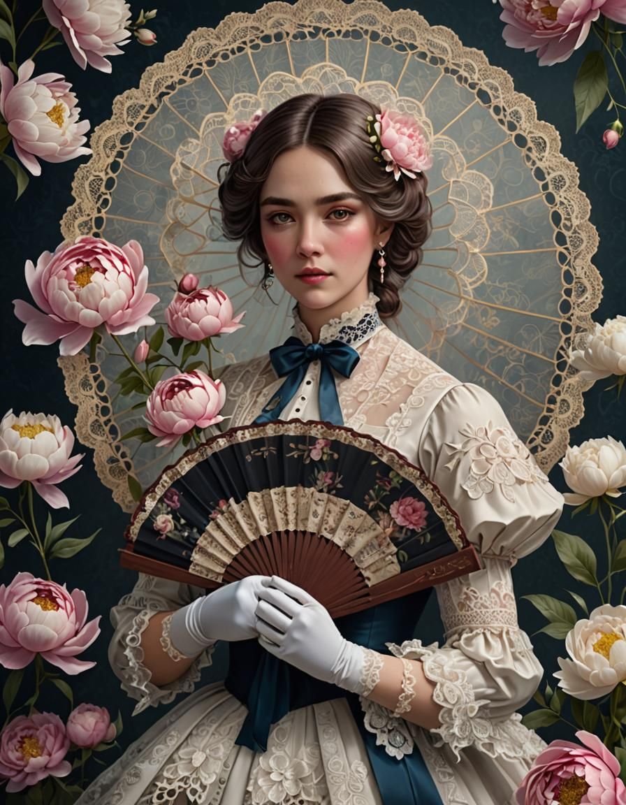 Victorian Woman with Peonies and Lace Details