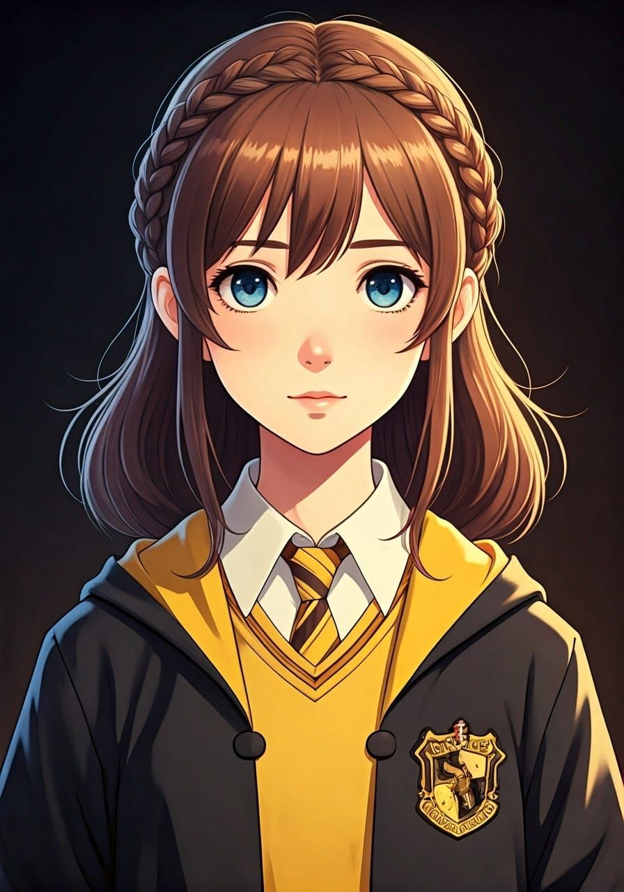 Anime Hufflepuff Student in Cel-Shaded Style
