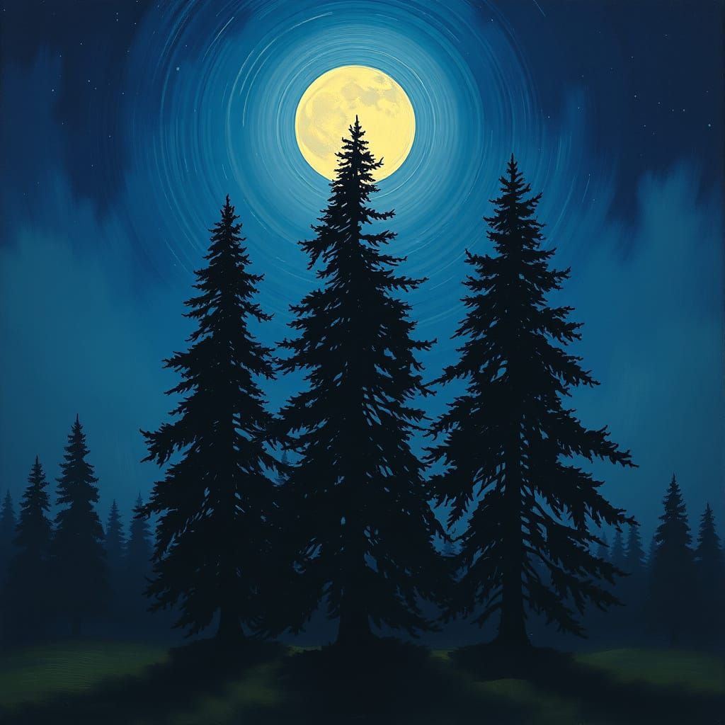 Ethereal moonlight crowns the towering trees